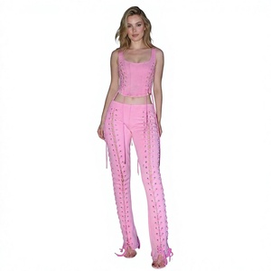 <b>pink</b> Gothic Straight Skinny Pants High Waist <b>Lace</b>-Up Hollow Out Full Length Genuine Leather Winter Formal Women's Trousers - Product Image 1