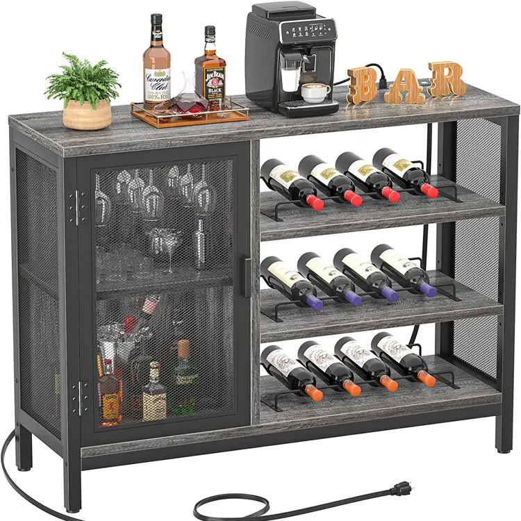 Home Living Dining Room Industrial Power Outlet Wine Coffee Bar Cabinet Kitchen Sideboard LED Strip Liquor Buffet Rack Cabinet