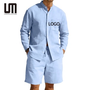 Completo <span class=keywords><strong>Uomo</strong></span> Primavera 2026: Camicia e Pantaloncini Casual in Lino e Poliestere - Outfit Estivo Traspirante, <span class=keywords><strong>Abbigliamento</strong></span> da Viaggio, Coordinato <span class=keywords><strong>di</strong></span> <span class=keywords><strong>Tendenza</strong></span> - Product Image 1