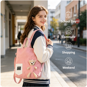 Bolsa de Lona con Diseño de Oso Adorable, Gran Capacidad, de un Solo Hombro, Cruzada, Portátil, para Estudiantes, Uso Diario, Compras al Aire Libre - Product Image 5