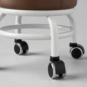 Luxury Tufted Brown Leather Salon <b>Stool</b> Low Rolling Stylist Chair with White Metal Frame and Caster Wheels Barbershop Seating - Product Image 5