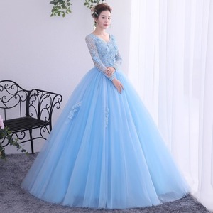 Sky Blue Long Sleeve Tulle Gown Women Stage Performance Dress Adult Vocal Exam Formal Wear - Product Image 2
