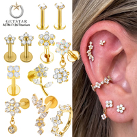 Anting Helix Titanium ASTM F136 Getta dengan Zirkon, Stud Tulang Rawan, Flat Back Berulir 16g, untuk Tragus, Daith, Rook, dan Helix