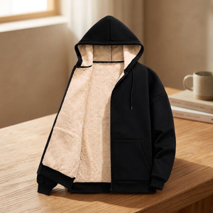 Men's Black Hooded Zip-Up Sweatshirt <b>Lined</b> With <b>Sherpa</b> Fleece Warm Winter Casual Jacket Regular Fit Solid Color - Product Image 1