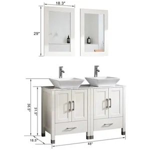 48" Double Sink White Bathroom Vanity Cabinet Solid Wood w/Marble Top,Mirror,Faucet&Drain Set