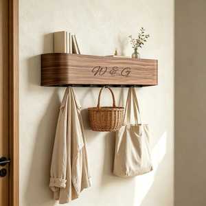 Modern Eco-Friendly Wooden Wall Coat Rack Entryway Peg <b>Hook</b> <b>Shelf</b> Brown Hanging Organizer Customizable Thickness for Living Room - Product Image 6