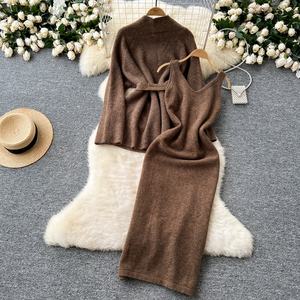 Jupe de tailleur ample pour femme avec une base Robe en tricot sans manches Veste <span class=keywords><strong>pull</strong></span> à manches longues avec taille ajustée - Product Image 3