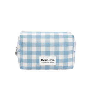 Beenlove Makeup Bag Blue Checkered Portable Travel Toiletry Case Cosmetic Storage Pouch - Product Image 3