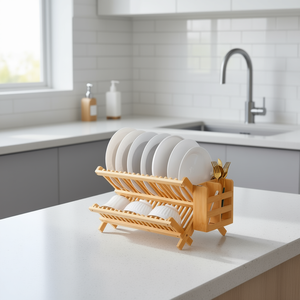 Égouttoir à vaisselle en bambou à 2 niveaux, pliable, pour comptoir de cuisine, support à ustensiles, gain de place, design minimaliste - Product Image 2