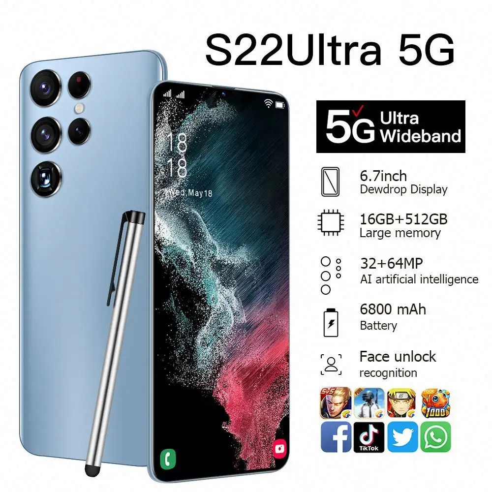 Orijinal S22 Ultra 7.3 inç 16gb + 1tb Android Smartphone 10 çekirdek 5g izin telefon Hd ekran yüz kimliği küresel sürüm cep telefonu