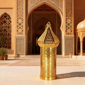Full <strong>Gold</strong> Islamic Hollowed <strong>Lantern</strong> Traditional Pattern Decorative Wind Lamp Flashing Light for Indoor Use Ramadan Eid Home - Product Image 4