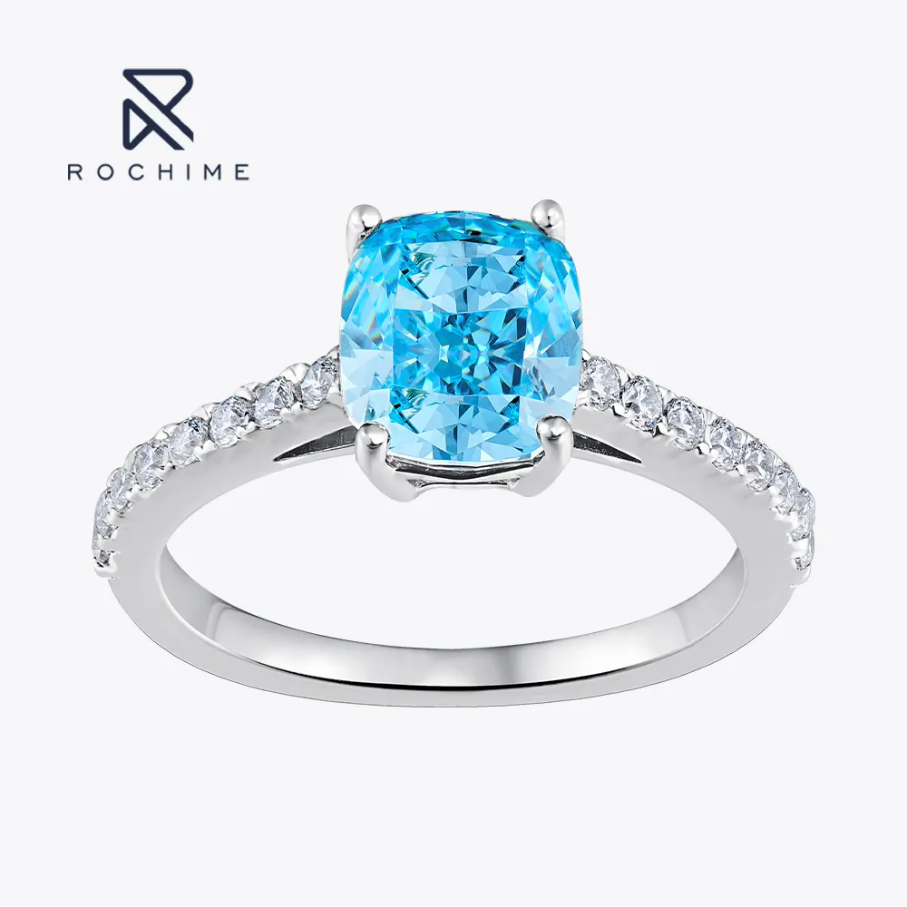 Rochime trendy customized lab grown blue diamond 925 sliver cubic zirconia fashion Jewelry engagement ring for woman
