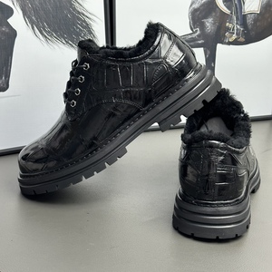 Black 100% crocodile leather Oxfords With Plush Lining Round Toe Lace-Up Winter <b>Dress</b> Shoes <b>Rubber</b> Outsole EVA Midsole - Product Image 6