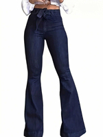 Pantalon évasé taille haute personnalisé en jean micro-élastique avec lacets et nœud pour femme