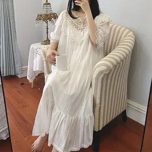 Baju Tidur Wanita Katun Model Korea, Baju Tidur Retro, Gaun Malam Panjang, Baju Tidur Putih, Lingerie Kustom, Ukuran Plus