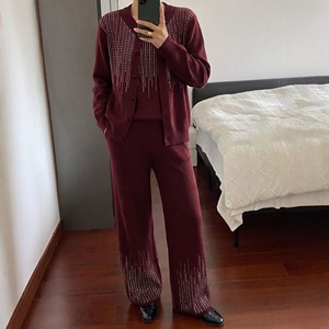 Women's <b>Knitted</b> Cardigan And Trouser Suit Grey Loose Fit Rhinestone Detail Autumn Winter Casual <b>Set</b> Smlxlxxl - Product Image 3