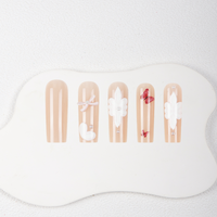 Faux ongles à presser longs forme cercueil, base nude, motif fleur blanche, papillon rouge, nœud perlé, réutilisables, vente en gros usine
