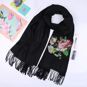 Fashion Winter Embroidery Floral Pashmina Women Tassel Shawl Wraps Plain Cashmere Scarf