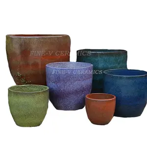 customized promotion Polygon Indoor outdoor Garden plant green 5 sets pottery bonsai ceramic flower pot big glazed decoration