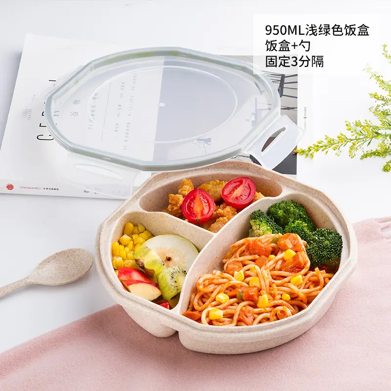 Wheat Straw Bento Box 3 Grids with Lid Microwave Food Box Storage Container Dinnerware Wheat Grid Lunch Box