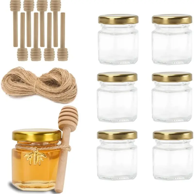 Hot sale 1.5 oz Hexagonal transparent glass honey jar with dipper and gold lid for spice party gift jam jelly honey