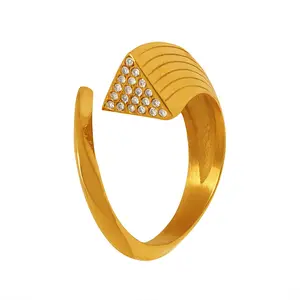 Fashion Pvd Gold Plated Stainless Steel Geometric Type Inset Zircon Triangle Open Ring for Women