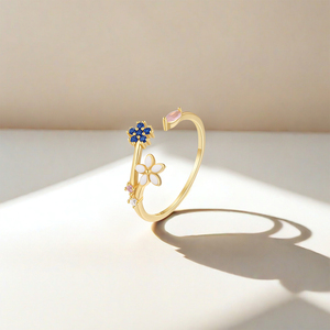 Anillo Ajustable ROXI de Plata de Ley 925 con Circonita Marquise y Flores Coloridas, Diseño Nuevo de Verano para Mujer - Product Image 2