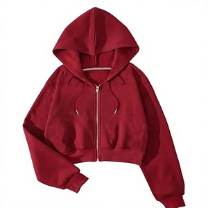 Sweat-shirt à capuche court rouge pour femme, fermeture éclair sur le devant, couleur unie, 100% coton respirant, sweat-shirt d'automne à manches longues - Product Image 1