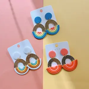 Europe and United States Polymere Clay Earings Rainbow Strip Metal Exaggerated Clay Earrings Polymer Handmade Women Jewelry