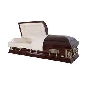Fabricants chinois à motifs personnalisés style européen personnalisé brun rougeâtre avec garniture en métal gravé cercueils et cercueils/urne