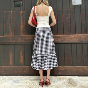 Summer Casual Vacation Style Black White Checkered Bow <b>Tie</b> Skirt A Line Long Skirt holiday beach skirt - Product Image 2