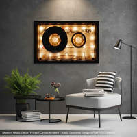Moderne Art-Deco-Kunst: Bedrucktes Leinwandbild mit Musikmotiv – Audio-Kassetten-Design, klarer Rahmen, umrahmtes Paneel, Wandkunst zum Aufhängen