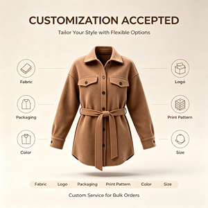 Veste chemise ceinturée pour femme, col à revers, coupe ample, en polyester imitation laine, manteau décontracté automne-hiver, vêtement d'extérieur, OEM ODM personnalisé - Product Image 5