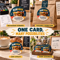 Carte à gratter ronde sur mesure, thème alimentaire Hamburgais, conception gratuite, impression couleur, sérigraphie