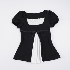 T-shirt court Y2K mignon pour femme, style babydoll, contrastant noir et blanc, froncé, col carré, à nouer devant, manches courtes - Product Image 6
