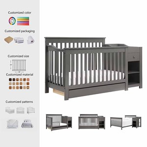 Lit bébé en bois massif écologique avec table à langer et tiroirs, lit tout-en-un pour dormir et ranger les affaires des nourrissons - Product Image 1