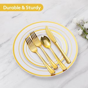 Ensemble de Couverts Jetables en <span class=keywords><strong>Plastique</strong></span> à Bord Doré pour 100 Invités – <span class=keywords><strong>Vaisselle</strong></span> de Fête Élégante pour Dîners - Product Image 5