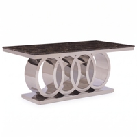 Table de banquet rectangulaire moderne en acier inoxydable à quatre anneaux creux avec plateau en marbre et verre pour hôtel