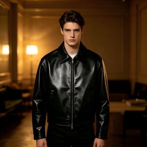 Veste de motard en similicuir à col montant et fermeture éclair intégrale, style classique premium, pour <span class=keywords><strong>homme</strong></span>, streetwear moderne, noire, décontractée, pour l'hiver - Product Image 4