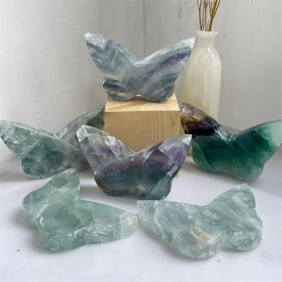 Di alta qualità naturale di cristallo ceduto farfalla intaglio grossista Fluorite pietre di cristallo Fluorite farfalla per la decorazione della casa