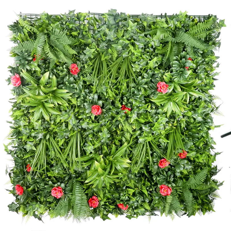 Hot selling flowers and grass mixed artificial plant wall panel plastic green backdrop for Garden & Fence & Walkways Decoration