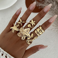 Ensemble de Bagues Ouvertes en Alliage de Style Tendance JZ069 pour Femme, Plaqué Or 18K, Coquillage, Fleur en Métal, Mode, Éternité, Océan, Vacances