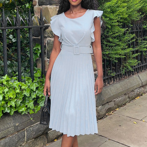 Abito Estivo da Donna con Maniche a Volant, Tinta Unita, Plissettato, Elegante e Semplice per Ufficio, con Cintura - Product Image 3