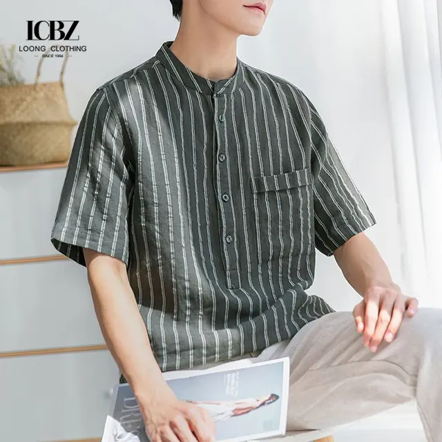 LCBZ Tissu tricoté en lin personnaliséOEM & ODM Casual Men Summer Beach Cotton Linen Shirt Short Sleeve Mens