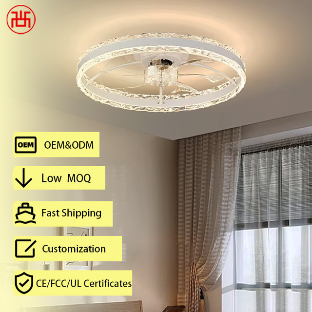 Modern Quiet Smart LED Electric Ceiling Fan Retractable Crystal Metal Lamp Low Profile 6-Speed Stepless Dimming BLDC Outdoor