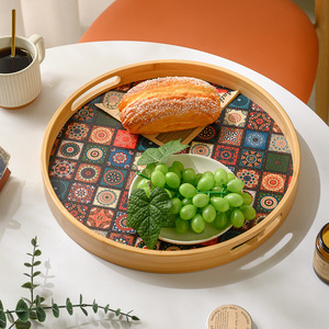 Ensemble de plateaux de service en bambou avec motif de carreaux floraux pour la maison, les collations, les fruits, le café, le thé et le rangement - Product Image 4