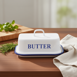 Plato para Mantequilla Husum Blanco con Borde Azul, Recubierto de Esmalte - Product Image 3