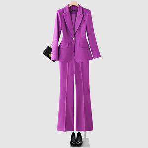 Women's Purple Suit Set Flared Pants Two Piece Formal Spring Style Full Sleeve Polyester Fabric - Product Image 1