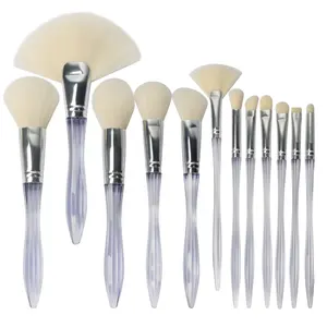 Clear Acrylic White 12 Pcs Powder Foundation Face Synthetic Crystal Vegan Luxury Professional Makeup Brush Set Private Label