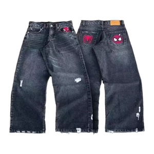 Pantalones de mezclilla 100% algodón personalizados al por mayor, transpirables, estilo Oxford, rectos, holgados, estilo urbano, con parche bordado y cintura elástica - Product Image 1